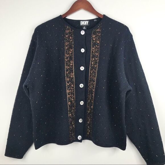 DKNY Vintage Navy Blue 100% Wool Beaded Cardigan Sweater - Picture 1 of 15